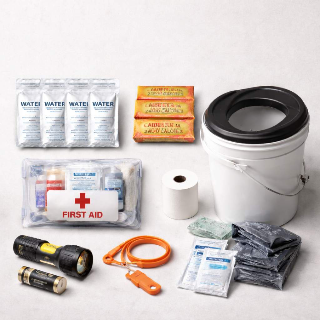 A flat-lay display showing the essential contents of a baseline school emergency kit, including water, food, first aid, and lighting.